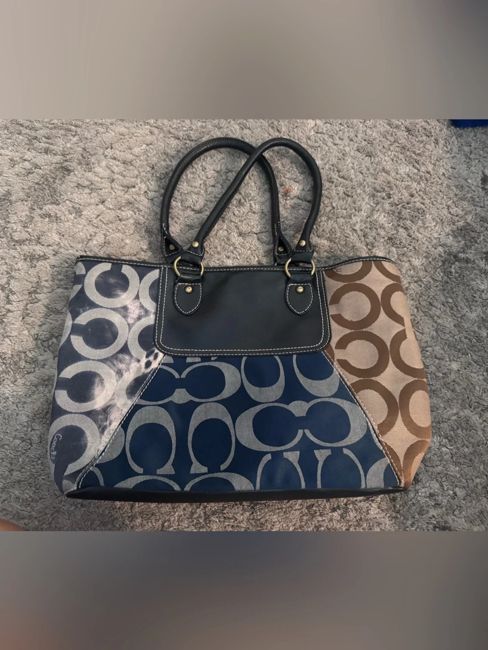 Coach EST. 1941 Patchwork Signature Canvas Leather Tote Purse Brown Blue Black - Picture 3 of 6